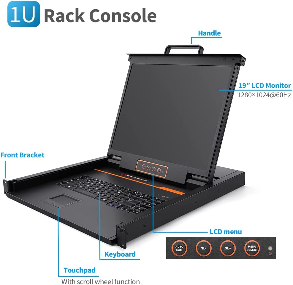 19" / 17'' 1 Port Rackmount Single Rail KVM Console - 1U, VGA & DVI-D , Up To 1280X1024@60Hz