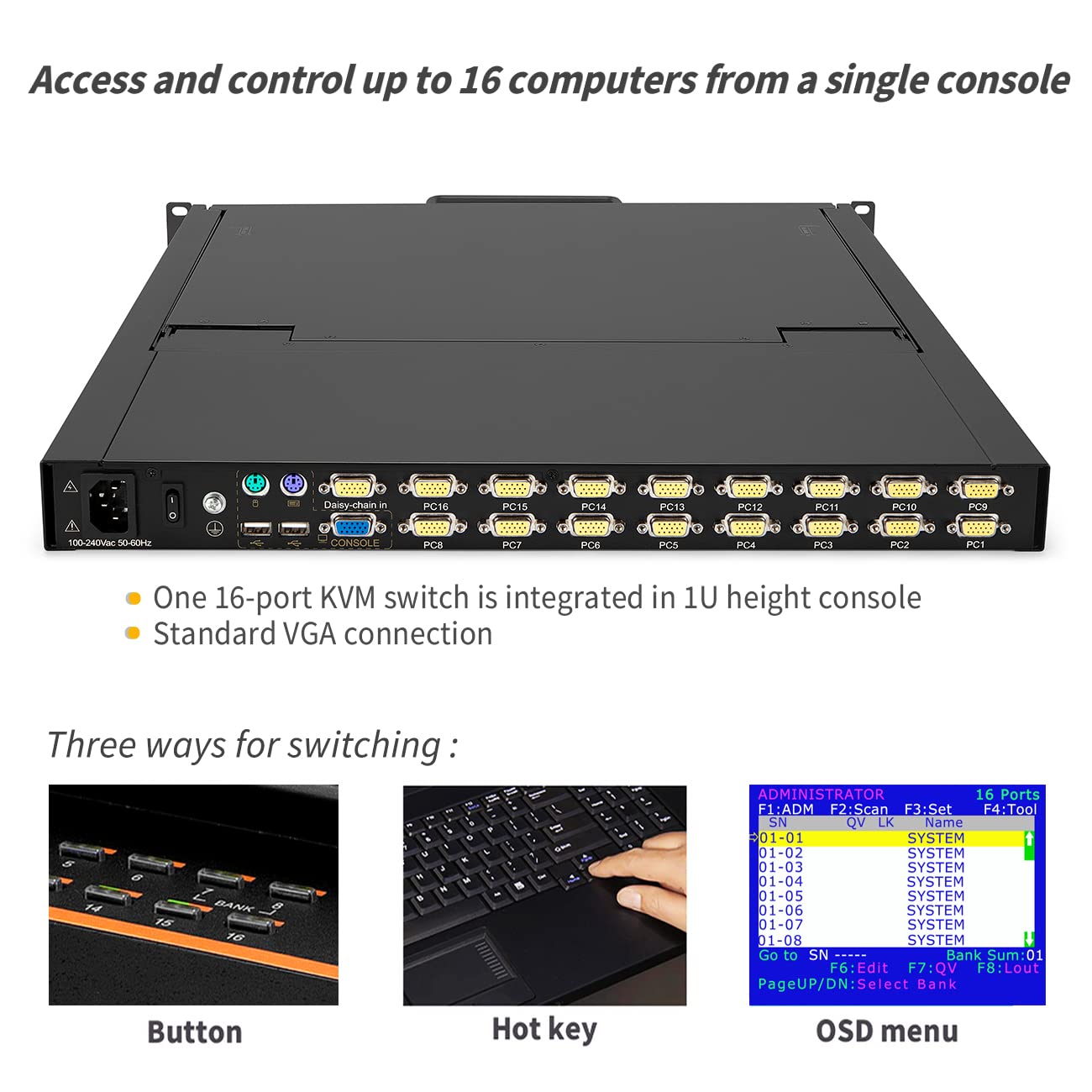 19" Single Rail USB LCD KVM Console - 1U, VGA, Up To 1280x1024@60Hz