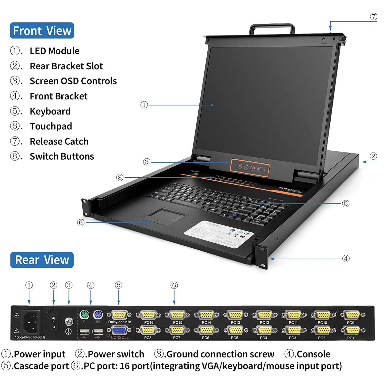 19" Single Rail USB LCD KVM Console - 1U, VGA, Up To 1280x1024@60Hz