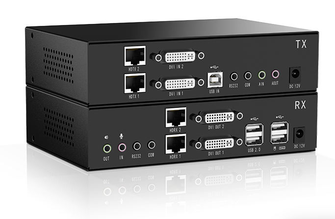 USB Dual DVI KVM Extender Over Dual Cat5e or Cat6 Cable -100M