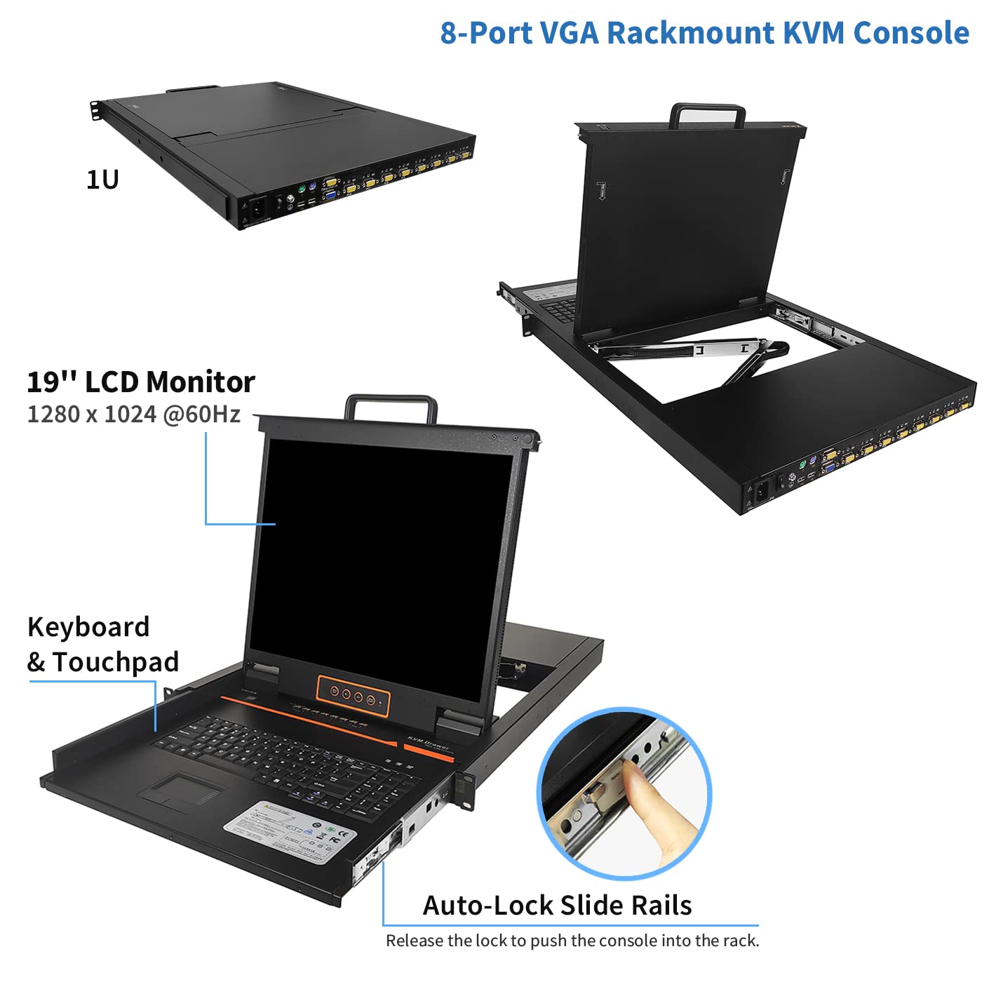 Port Rackmount KVM Console w/ 6ft Cables Integrated Switch  19